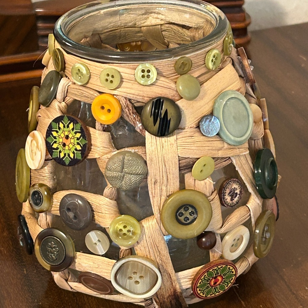 Button-Embellished Woven Candle Holder or Vase